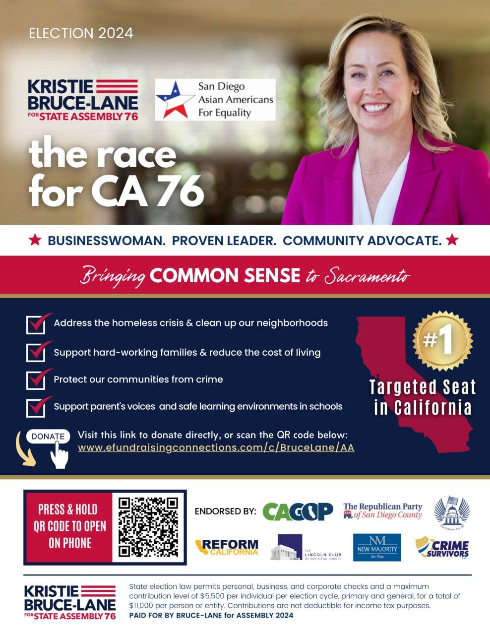 圣地牙哥亚裔平权会支持Kristie Bruce-Lane(共和党)竞选加州第76选区众议员