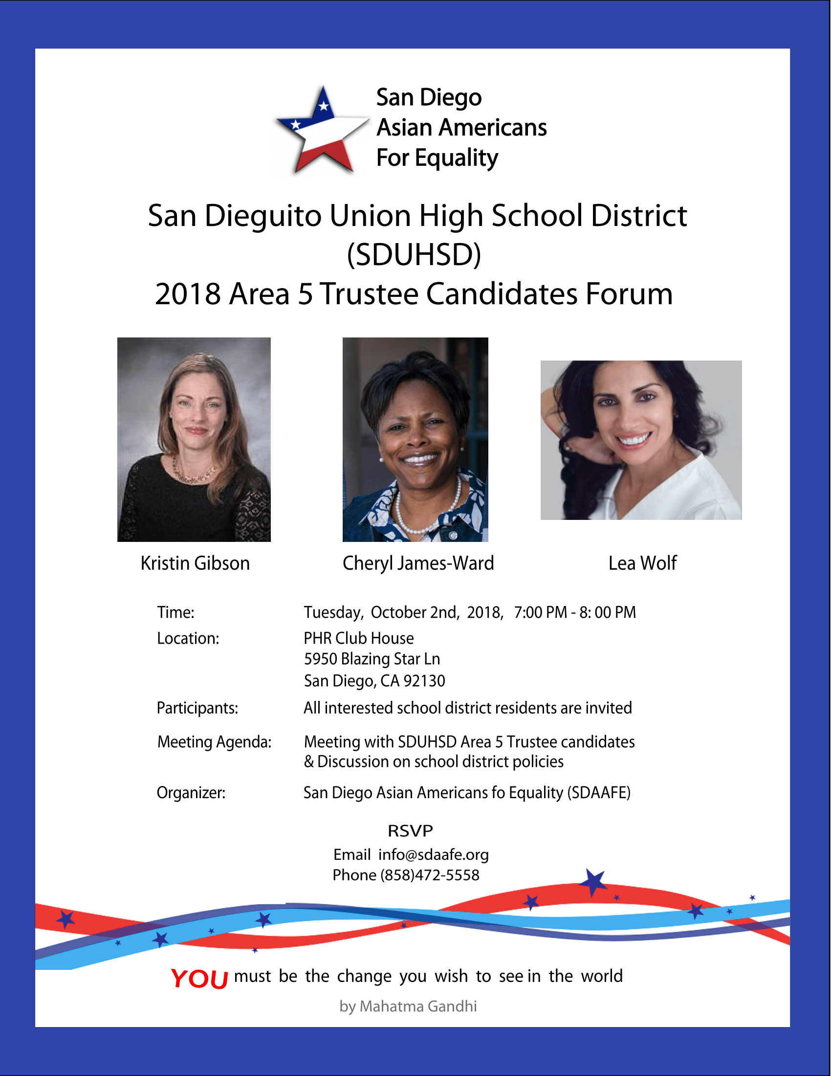 San Dieguito Union High School District (SDUHSD) 2018 第五区候选人见面会